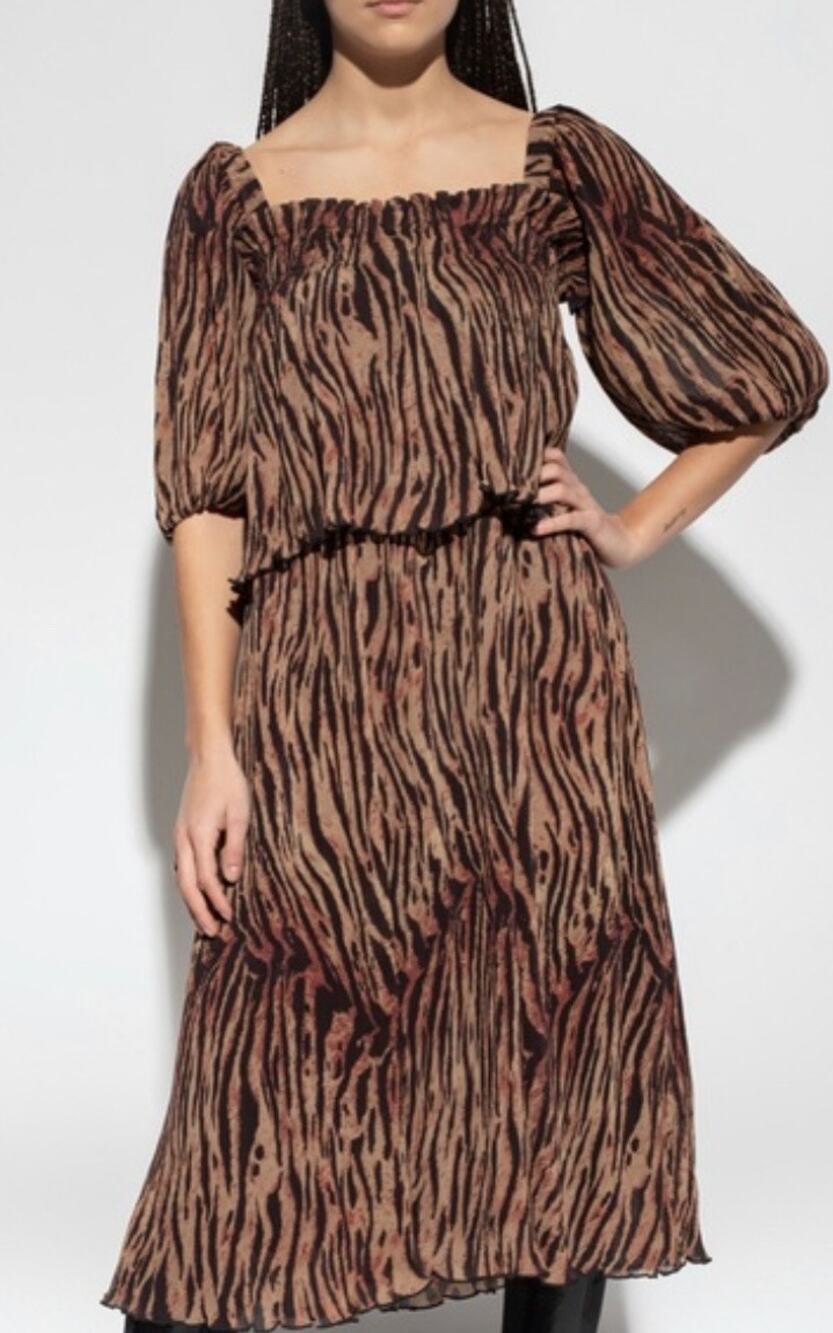 Ganni Pleated Georgette Middi Dress in Tiger's Eye Print Size 36/US 4, NWT